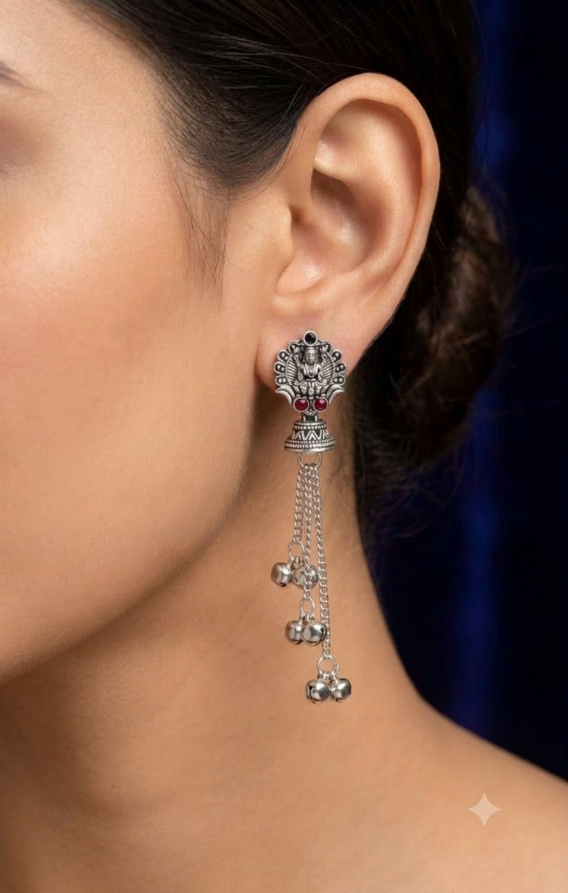 Oxidised Silver Lakshmi Chain Drop Earring