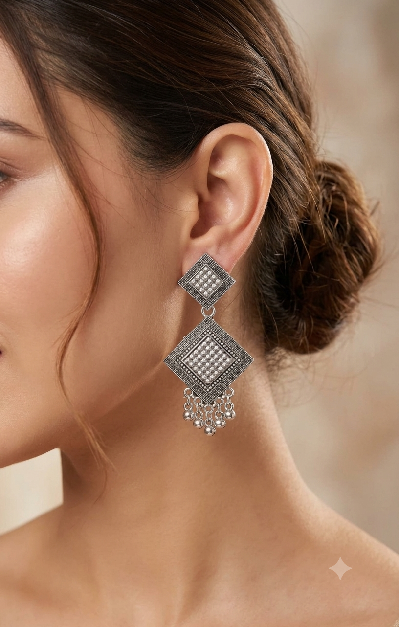 Oxidised Silver Square Drop Earring