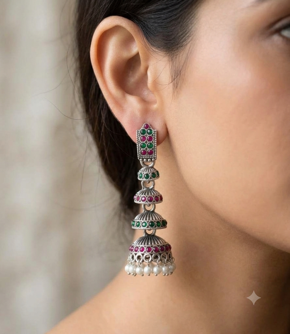Oxidised Silver Triple Jhumka Earrings