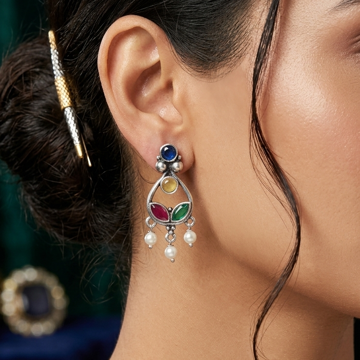 Multicolor Stone Oxidized Silver Drop Earrings