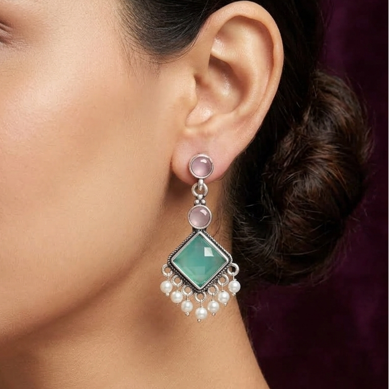 Elegant Aqua Blue Oxidized Silver Drop Earrings