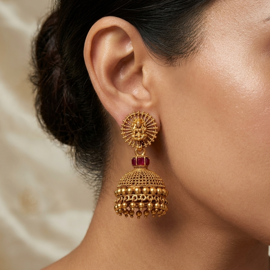 Lakshmi Motif Gold Jhumka
