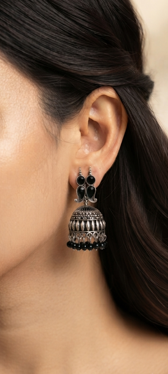 Oxidized Silver Black Bead Jhumka