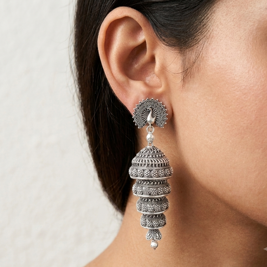 Oxidized Silver Peacock Jhumka