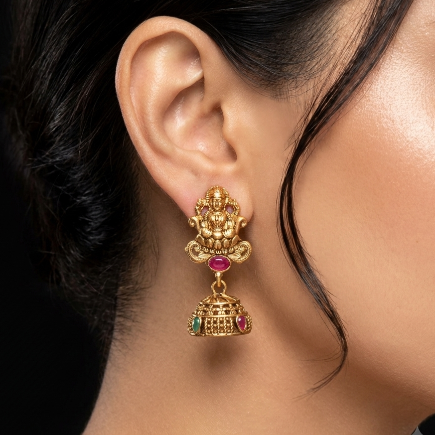 Antique Goddess Motif Stone Jhumka