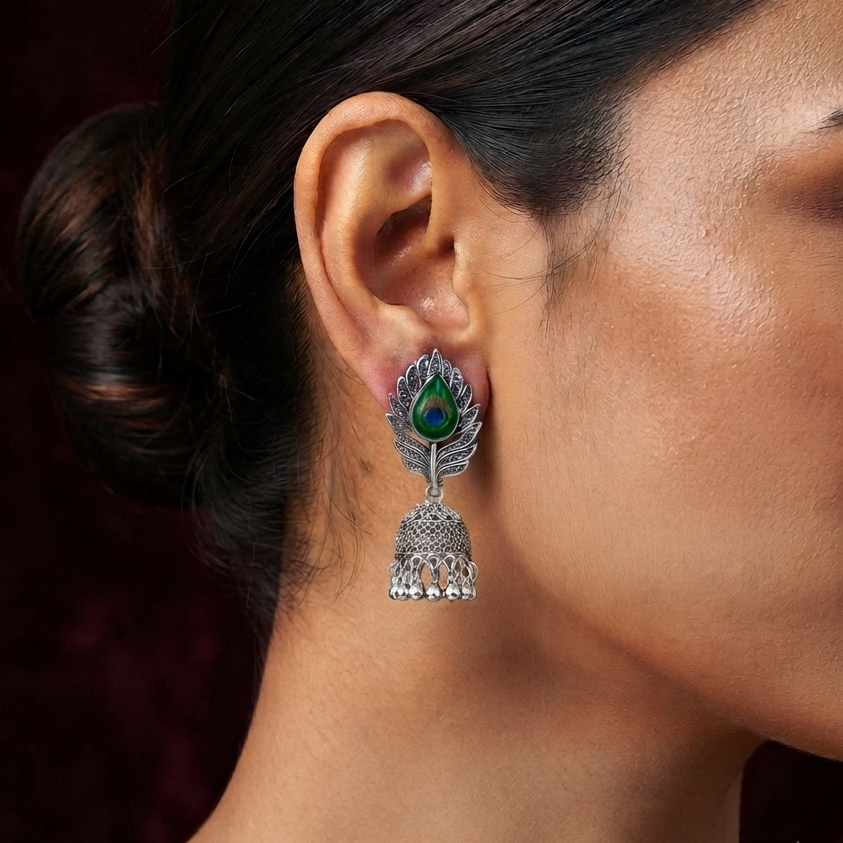 Oxidized Silver Peacock Feather Jhumka