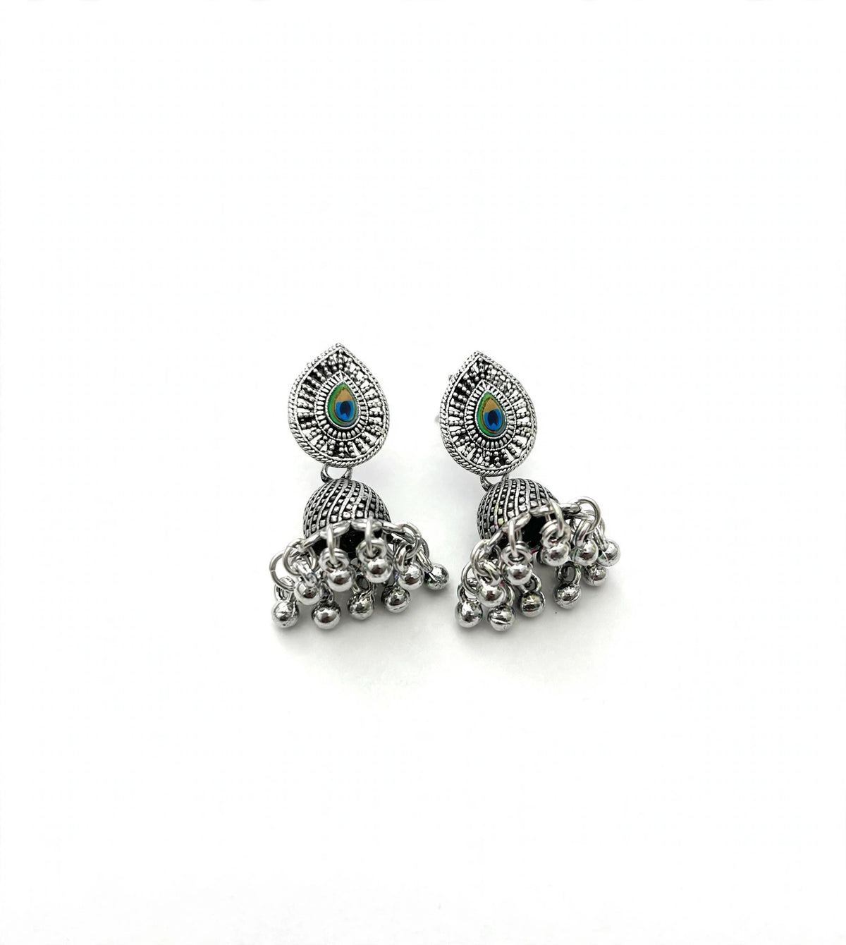 Oxidized Silver Peacock Feather Jhumka