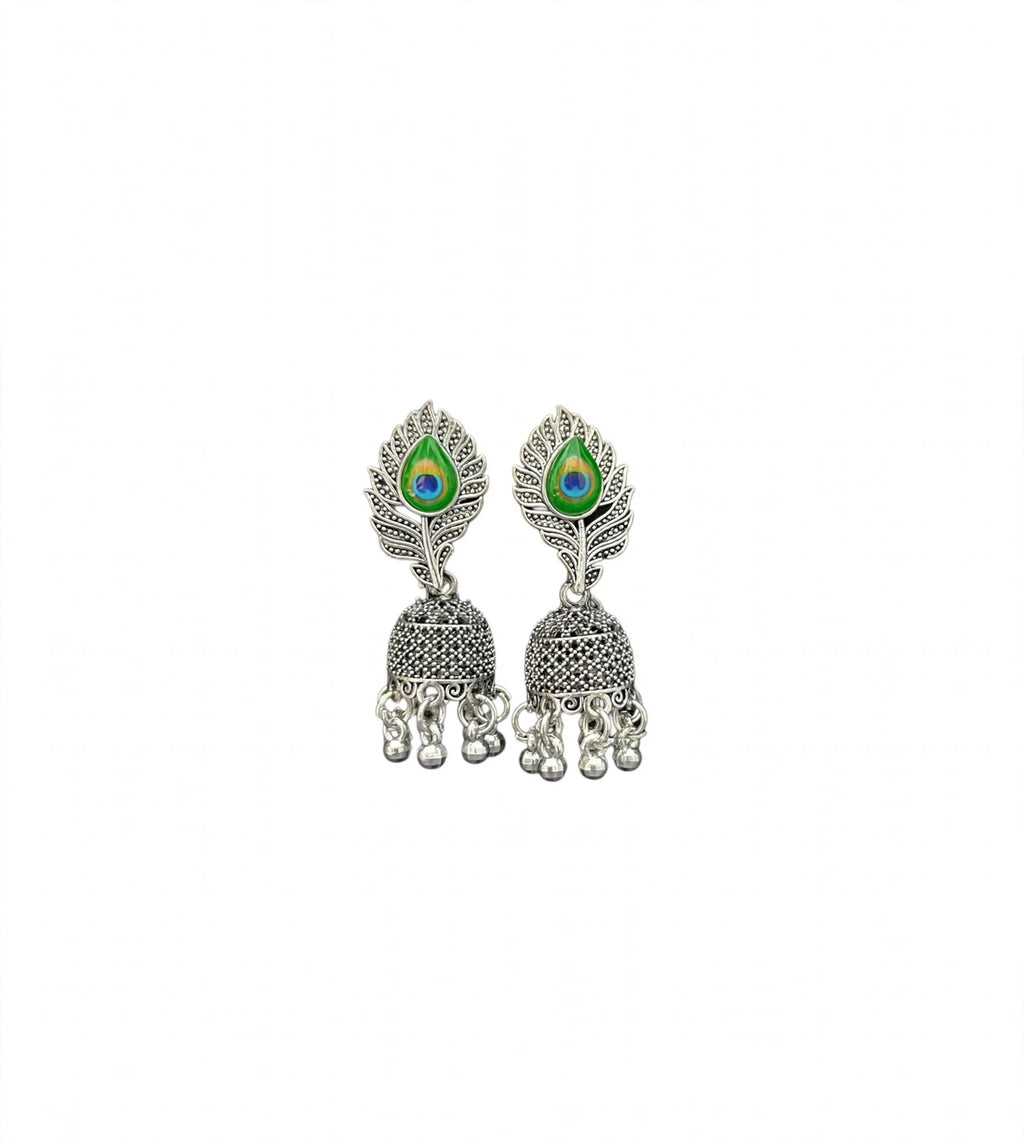 Oxidized Silver Peacock Feather Jhumka