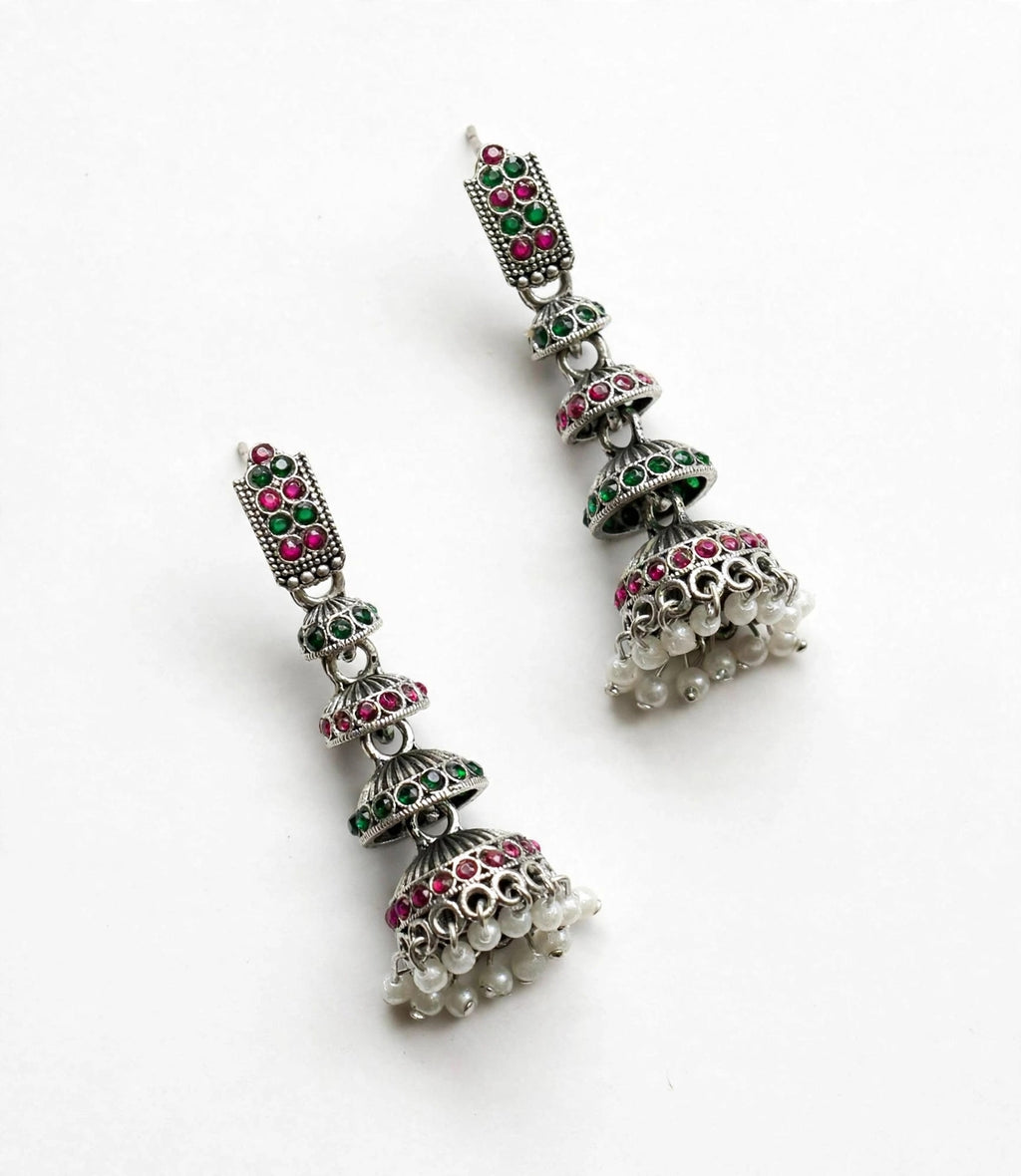 Oxidised Silver Triple Jhumka Earrings