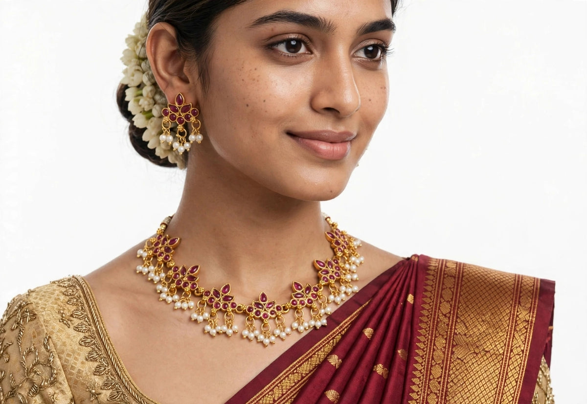Antique Ruby Necklace Set with Pearl Drops