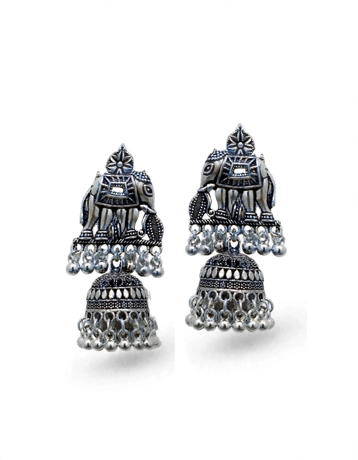 Oxidised Silver Elephant Jumka Earrings