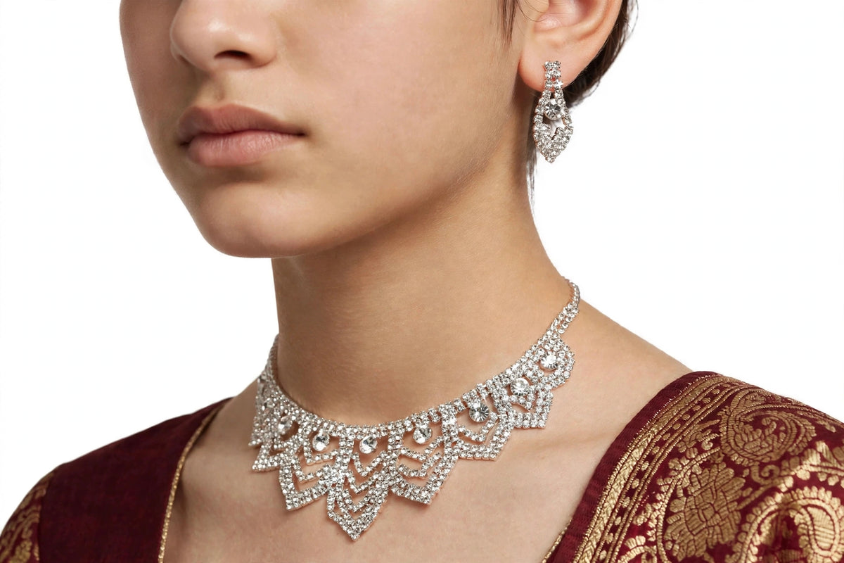 Silver-Tone American Diamond Necklace Set