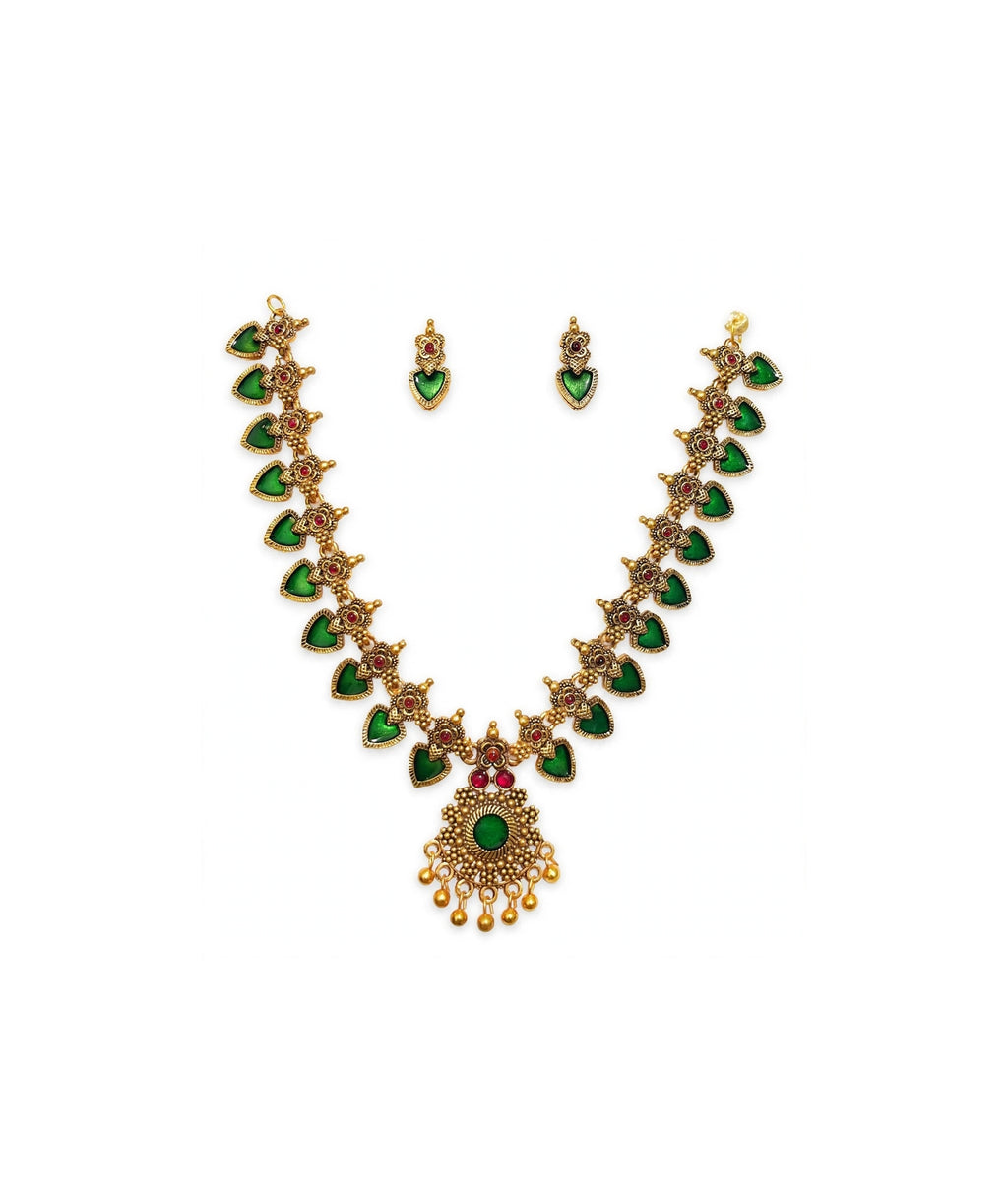 Antique Gold Green Leaf Necklace Set