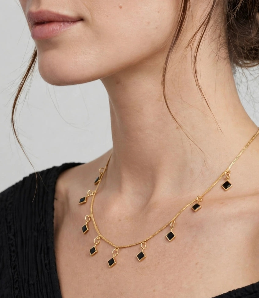 Gold Minimalist Black Square Charm Necklace