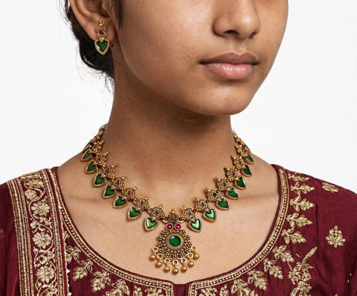 Antique Gold Green Leaf Necklace Set