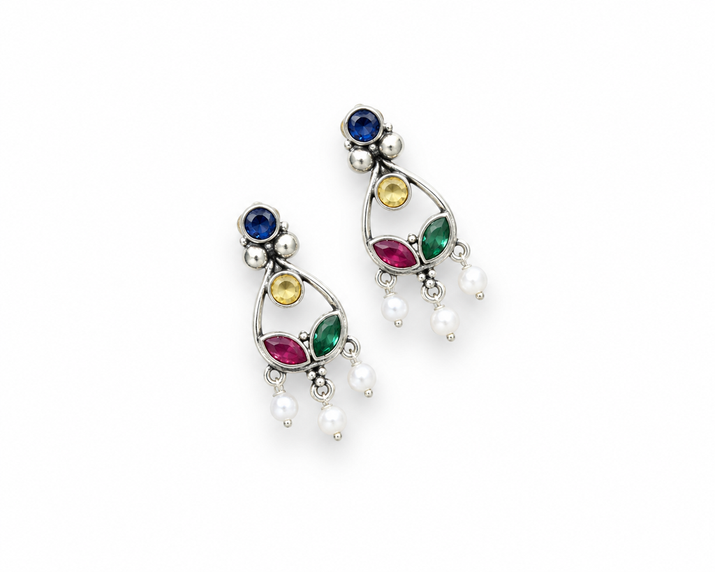 Multicolor Stone Oxidized Silver Drop Earrings