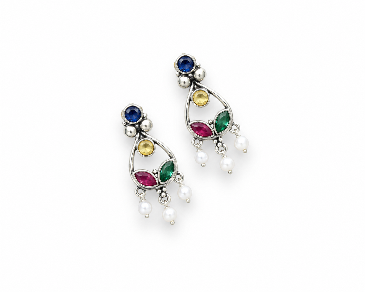 Multicolor Stone Oxidized Silver Drop Earrings